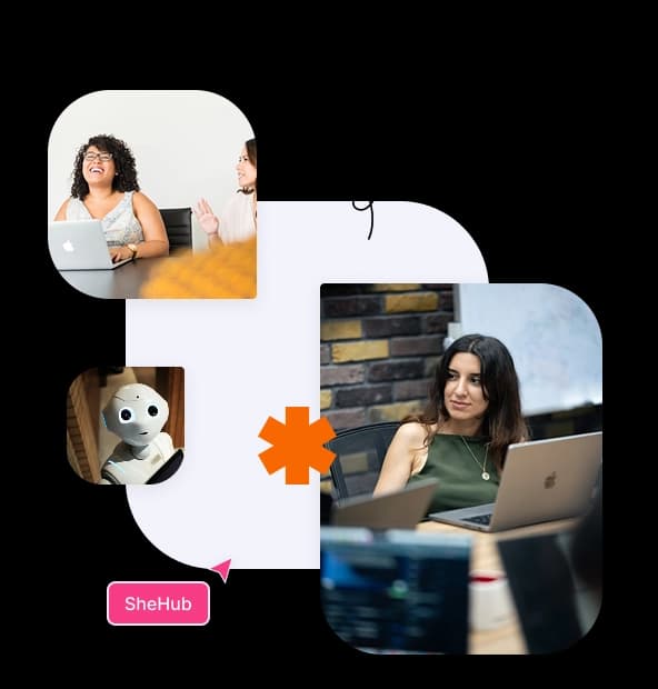 Mujeres colaborando e innovando en tecnología, representando a la comunidad SheHub